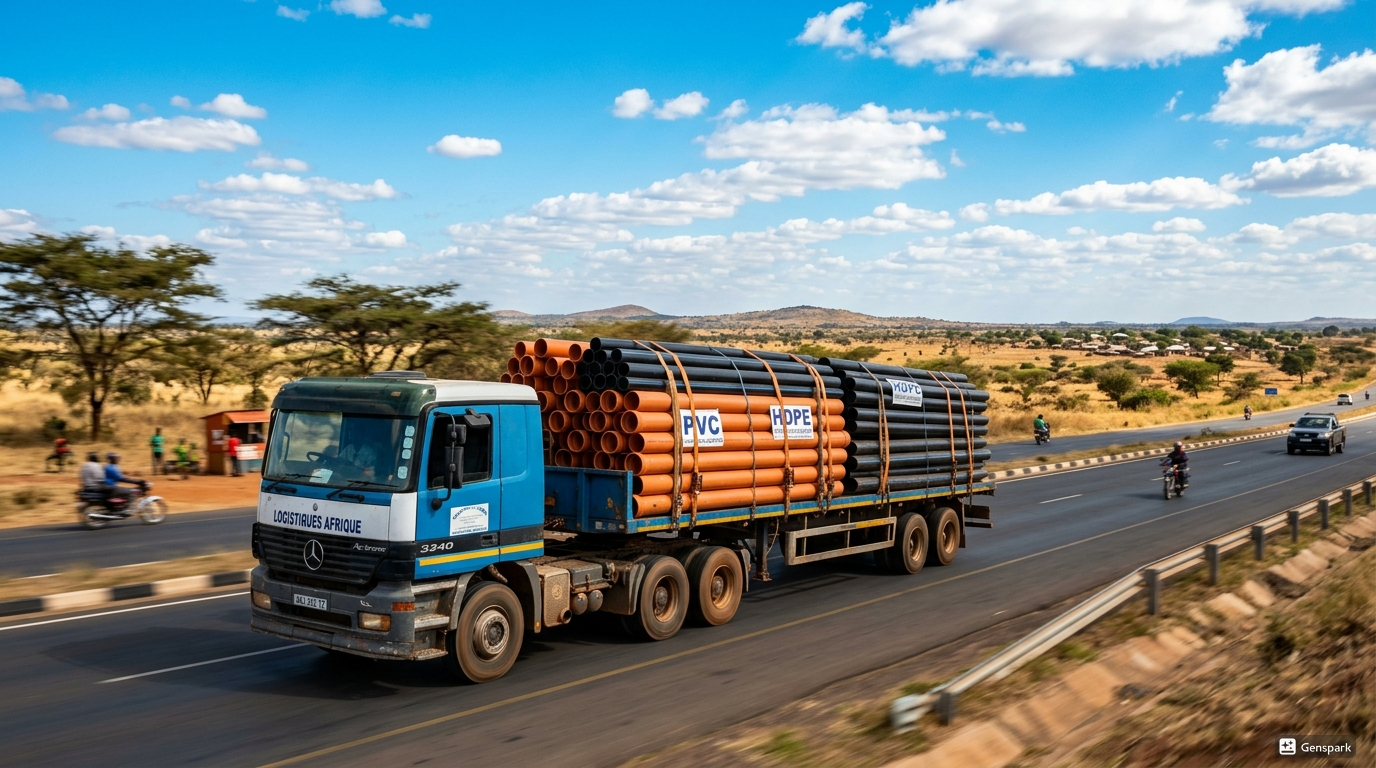 Logistique TRAPLAST avec camion chargé en tuyaux PVC et PEHD
